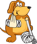 Clip Art Graphic of a Cute Brown Hound Dog Cartoon Character With One Leg in a Cast, One in a Sling and Using a Crutch
