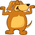 Clip Art Graphic of a Cute Brown Hound Dog Cartoon Character Flexing His Muscles