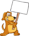 Clip Art Graphic of a Cute Brown Hound Dog Cartoon Character Holding a Blank Sign