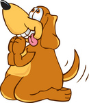 Clip Art Graphic of a Cute Brown Hound Dog Cartoon Character on His Knees Begging or Praying