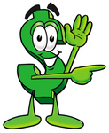 Clip Art Graphic of a Green USD Dollar Sign Cartoon Character Waving and Pointing