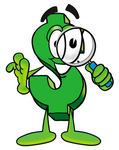 Clip Art Graphic of a Green USD Dollar Sign Cartoon Character Looking Through a Magnifying Glass
