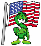 Clip Art Graphic of a Green USD Dollar Sign Cartoon Character Pledging Allegiance to an American Flag