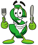 Clip Art Graphic of a Green USD Dollar Sign Cartoon Character Holding a Knife and Fork