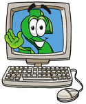 Clip Art Graphic of a Green USD Dollar Sign Cartoon Character Waving From Inside a Computer Screen