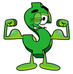 Clip Art Graphic of a Green USD Dollar Sign Cartoon Character Flexing His Arm Muscles