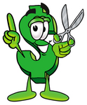 Clip Art Graphic of a Green USD Dollar Sign Cartoon Character Holding a Pair of Scissors