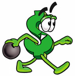 Clip Art Graphic of a Green USD Dollar Sign Cartoon Character Holding a Bowling Ball