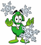 Clip Art Graphic of a Green USD Dollar Sign Cartoon Character With Three Snowflakes in Winter