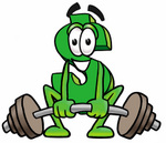 Clip Art Graphic of a Green USD Dollar Sign Cartoon Character Lifting a Heavy Barbell
