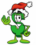Clip Art Graphic of a Green USD Dollar Sign Cartoon Character Wearing a Santa Hat and Waving