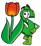 Clip Art Graphic of a Green USD Dollar Sign Cartoon Character With a Red Tulip Flower in the Spring