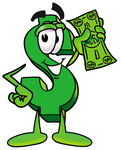 Clip Art Graphic of a Green USD Dollar Sign Cartoon Character Holding a Dollar Bill