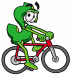 Clip Art Graphic of a Green USD Dollar Sign Cartoon Character Riding a Bicycle