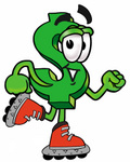 Clip Art Graphic of a Green USD Dollar Sign Cartoon Character Roller Blading on Inline Skates