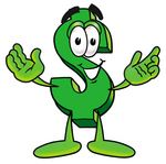 Clip Art Graphic of a Green USD Dollar Sign Cartoon Character With Welcoming Open Arms