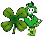 Clip Art Graphic of a Green USD Dollar Sign Cartoon Character With a Green Four Leaf Clover on St Paddy’s or St Patricks Day