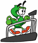 Clip Art Graphic of a Green USD Dollar Sign Cartoon Character Walking on a Treadmill in a Fitness Gym