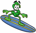 Clip Art Graphic of a Green USD Dollar Sign Cartoon Character Surfing on a Blue and Yellow Surfboard