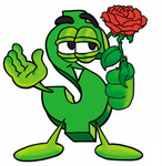 Clip Art Graphic of a Green USD Dollar Sign Cartoon Character Holding a Red Rose on Valentines Day