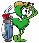 Clip Art Graphic of a Green USD Dollar Sign Cartoon Character Swinging His Golf Club While Golfing