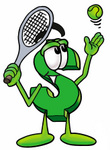 Clip Art Graphic of a Green USD Dollar Sign Cartoon Character Preparing to Hit a Tennis Ball