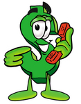 Clip Art Graphic of a Green USD Dollar Sign Cartoon Character Holding a Telephone