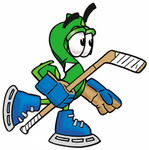 Clip Art Graphic of a Green USD Dollar Sign Cartoon Character Playing Ice Hockey