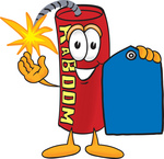 Clip Art Graphic of a Stick of Red Dynamite Cartoon Character Holding a Blue Sales Price Tag