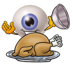 Clip Art Graphic of a Blue Eyeball Cartoon Character Serving a Thanksgiving Turkey on a Platter