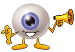Clip Art Graphic of a Blue Eyeball Cartoon Character Holding a Megaphone