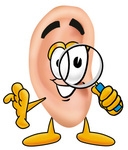 Clip Art Graphic of a Human Ear Cartoon Character Looking Through a Magnifying Glass