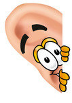 Clip Art Graphic of a Human Ear Cartoon Character Peeking Around a Corner