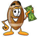 Clip Art Graphic of a Football Cartoon Character Holding a Dollar Bill
