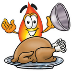 Clip Art Graphic of a Fire Cartoon Character Serving a Thanksgiving Turkey on a Platter