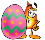 Clip Art Graphic of a Fire Cartoon Character Standing Beside an Easter Egg
