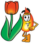 Clip Art Graphic of a Fire Cartoon Character With a Red Tulip Flower in the Spring