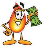 Clip Art Graphic of a Fire Cartoon Character Holding a Dollar Bill