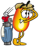 Clip Art Graphic of a Fire Cartoon Character Swinging His Golf Club While Golfing
