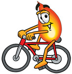 Clip Art Graphic of a Fire Cartoon Character Riding a Bicycle