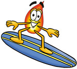 Clip Art Graphic of a Fire Cartoon Character Surfing on a Blue and Yellow Surfboard