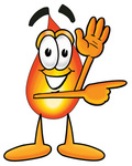 Clip Art Graphic of a Fire Cartoon Character Waving and Pointing