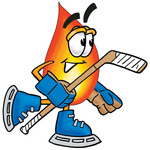 Clip Art Graphic of a Fire Cartoon Character Playing Ice Hockey