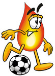 Clip Art Graphic of a Fire Cartoon Character Kicking a Soccer Ball
