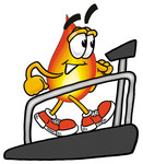 Clip Art Graphic of a Fire Cartoon Character Walking on a Treadmill in a Fitness Gym