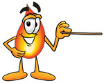 Clip Art Graphic of a Fire Cartoon Character Holding a Pointer Stick