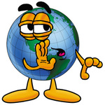 Clip Art Graphic of a World Globe Cartoon Character Whispering and Gossiping
