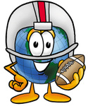 Clip Art Graphic of a World Globe Cartoon Character in a Helmet, Holding a Football