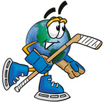 Clip Art Graphic of a World Globe Cartoon Character Playing Ice Hockey
