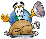 Clip Art Graphic of a World Globe Cartoon Character Serving a Thanksgiving Turkey on a Platter